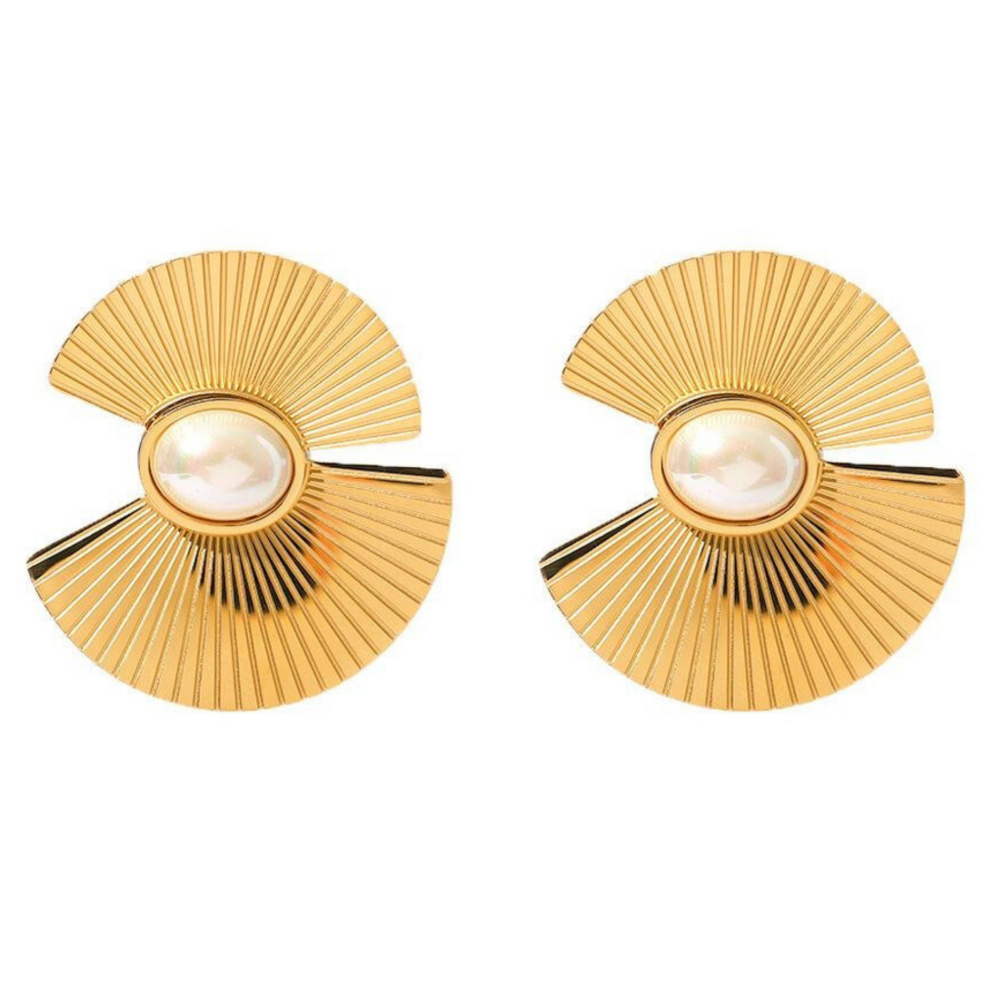 Paulina earrings, golden, with pearls, made of 18K gold-plated stainless steel, fan-shaped - Parisian Collection