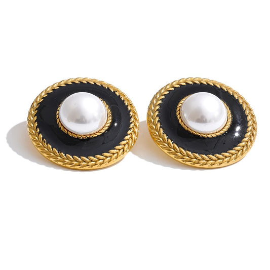 Sandy round gold earrings with pearls and a statement design, made of 18K gold-plated stainless steel - Universe of Pearls Collection