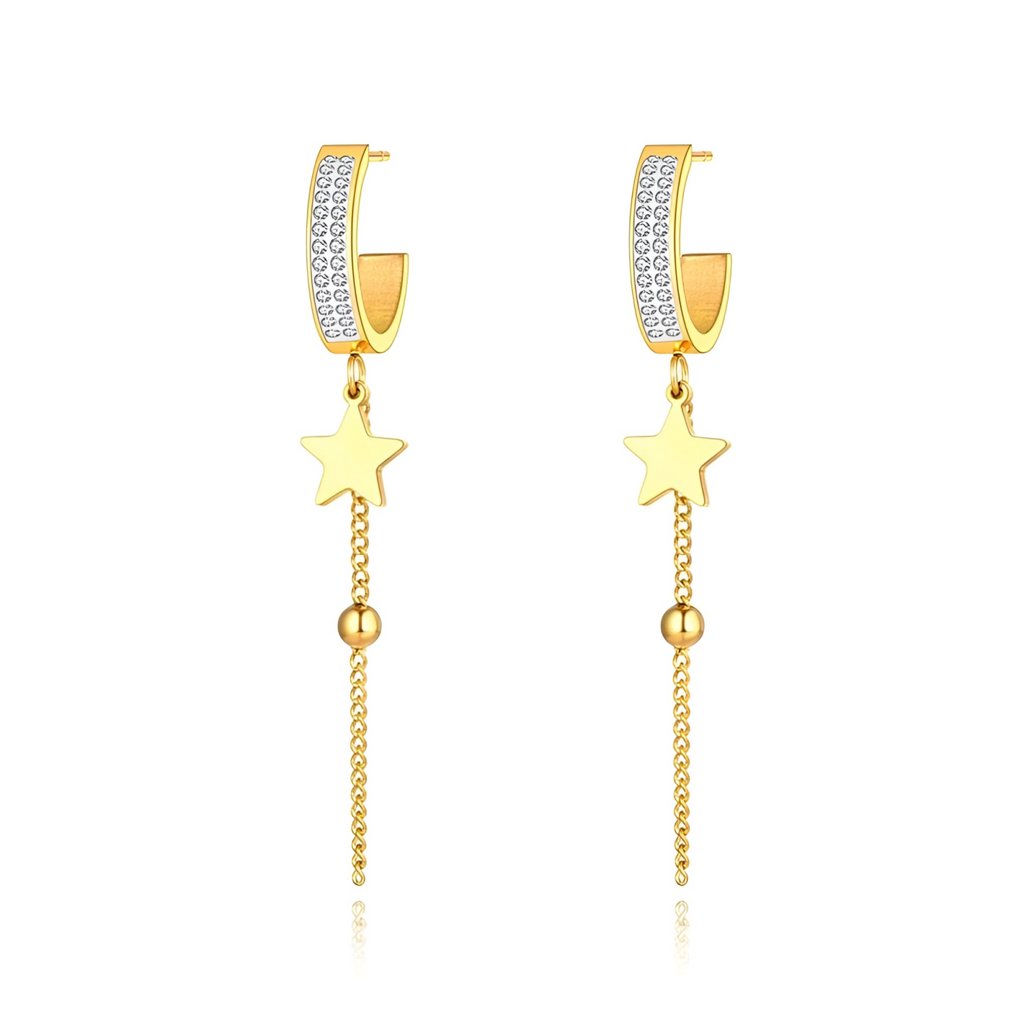 Cercei Gatlin, aurii, lungi, din otel inoxidabil placat cu aur 18K, model cu stelute - Colectia Parisian