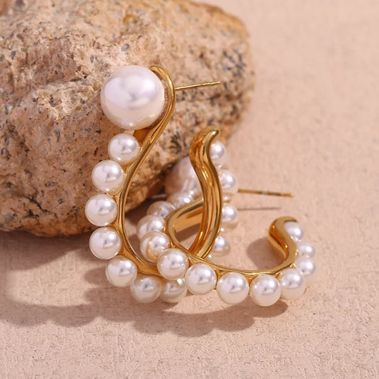 Bessie Round Golden Pearl Earrings, 18K Gold Plated Stainless Steel - Universe of Pearls Collection