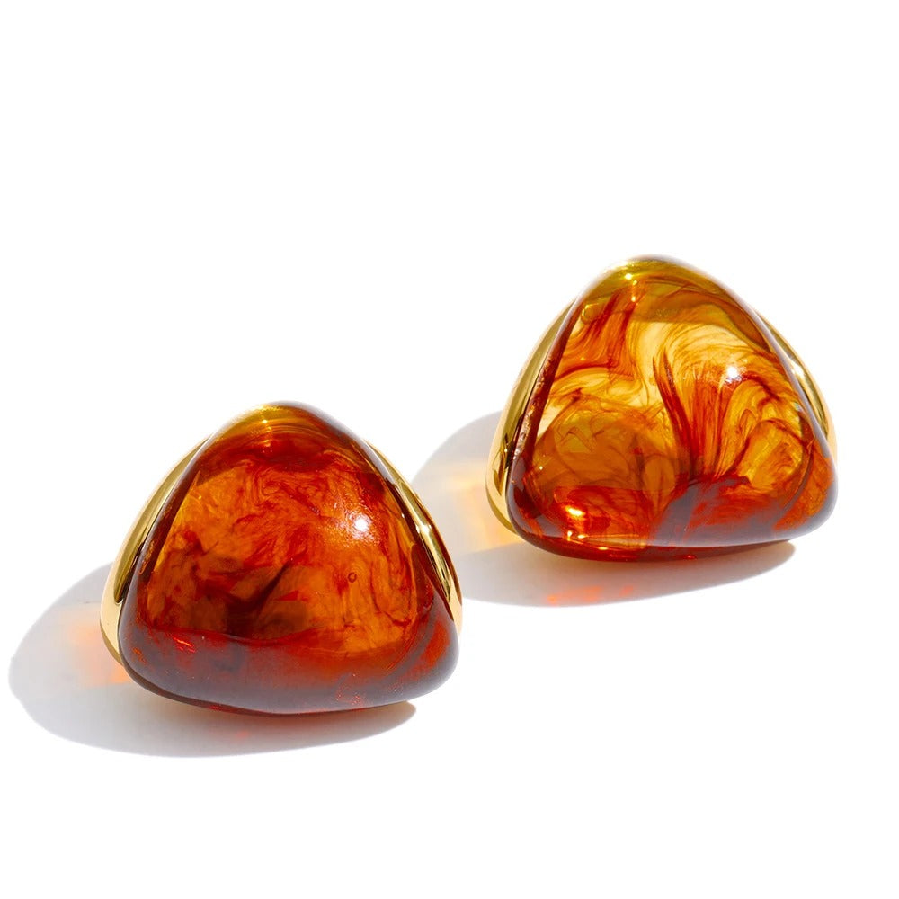 Amber Earrings, Gold, Triangular, Made of 18K Gold-Plated Stainless Steel