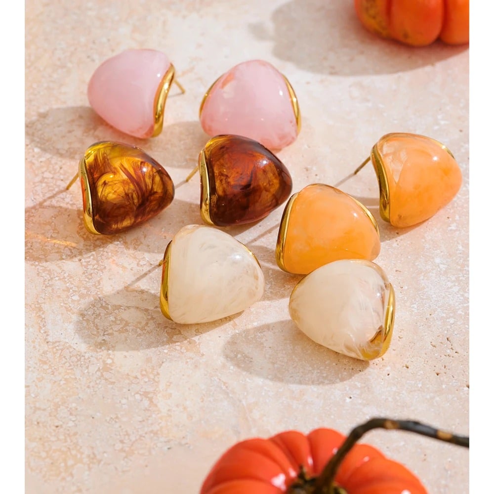 Amber Earrings, Gold, Triangular, Made of 18K Gold-Plated Stainless Steel