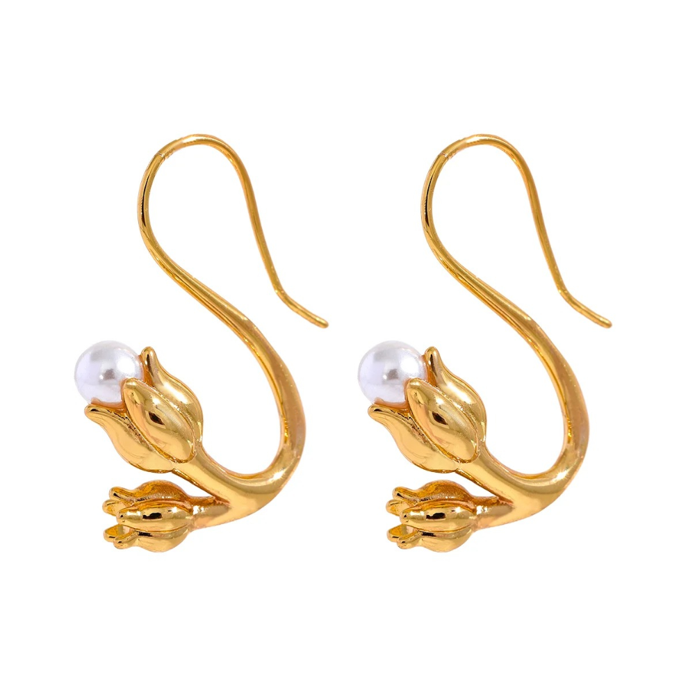 Tulip Earrings, gold, with pearls, made of 18K gold-plated stainless steel, in the shape of a tulip
