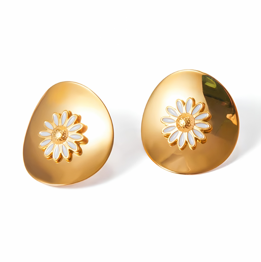 Leola Earrings, gold, round, made of 18K gold-plated stainless steel, with floral pattern - Floral Paradise Collection