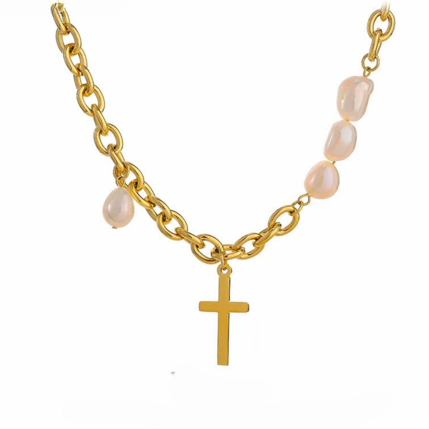 Colier Lacey, auriu, cu pandativ cruce, din otel inoxidabil si perle naturale de cultura, placat cu aur 18K - Colectia Universe of Pearls