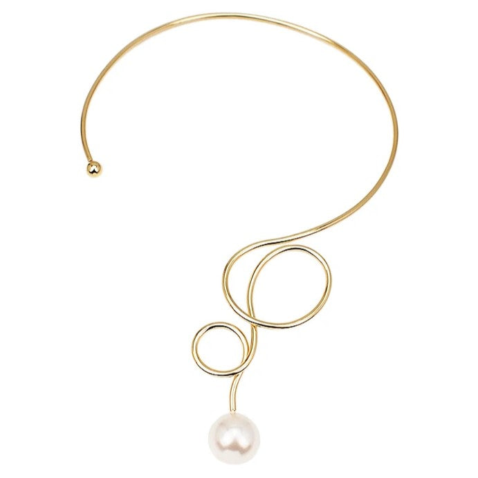 Carley Gold Choker Necklace, decorated with a pearl, bent metal design, adjustable - Universe of Pearls Collection