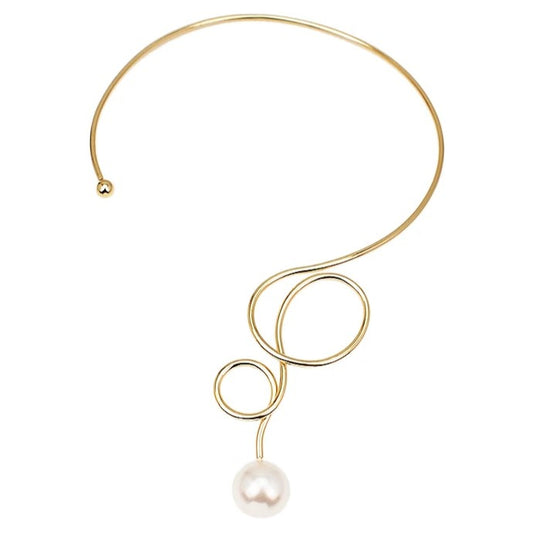 Carley Gold Choker Necklace, decorated with a pearl, bent metal design, adjustable - Universe of Pearls Collection