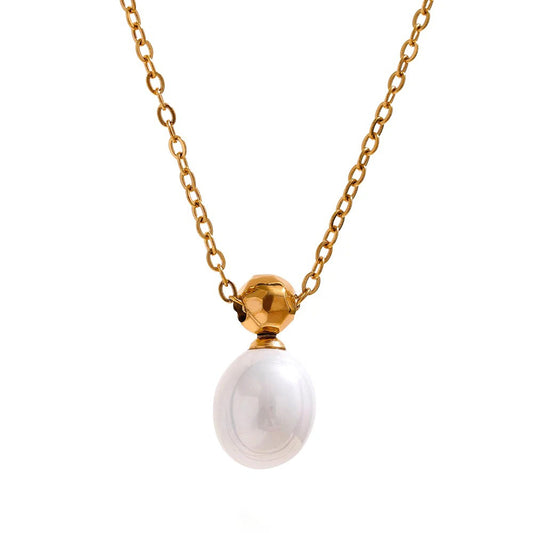 Colier Cassidy, auriu, din otel inoxidabil placat cu aur 18K, cu pandantiv perla naturala de cultura - Colectia Universe of Pearls