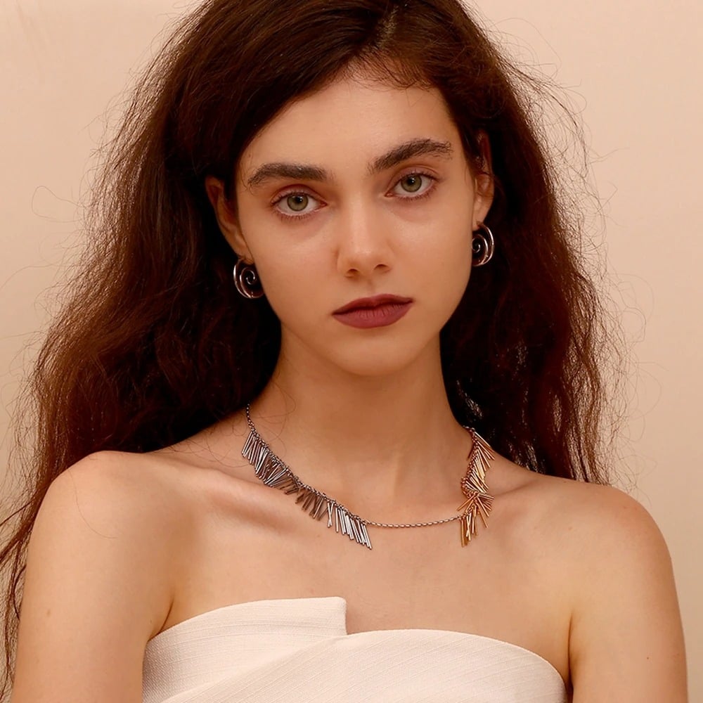 Charlotte Necklace, gold with silver, 18K gold-plated stainless steel, with fringe pattern - Glamour Collection