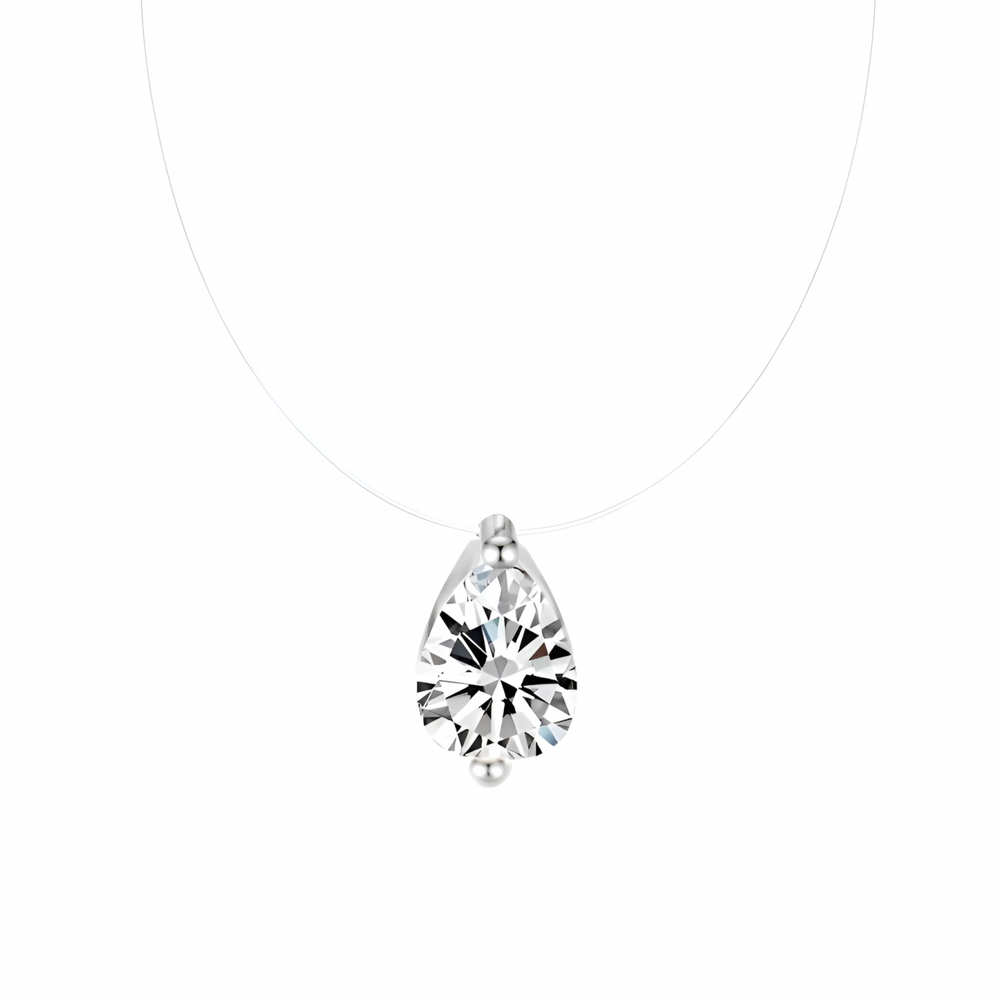 Elsi necklace, with a transparent string and a silver tear-shaped pendant