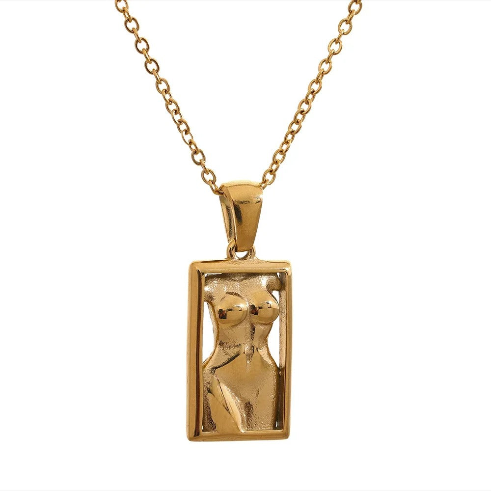 Colier Jadis, auriu, din otel inoxidabil placat cu aur 18K, cu pandantiv bust feminin