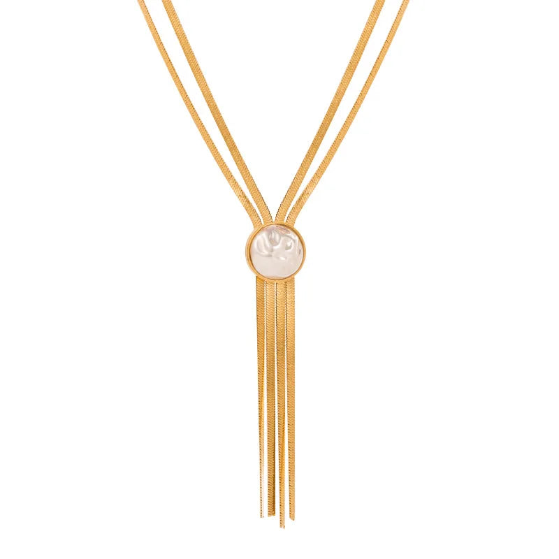 Colier Keira, auriu, cu pandantiv lung cu perla, din otel inoxidabil placat cu aur 18K - Colectia Universe of Pearls