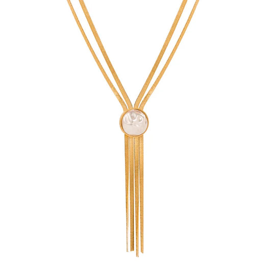 Colier Keira, auriu, cu pandantiv lung cu perla, din otel inoxidabil placat cu aur 18K - Colectia Universe of Pearls
