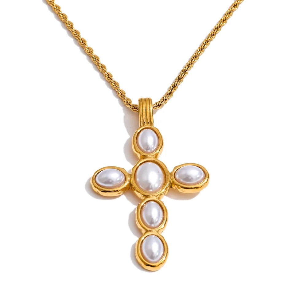 Leandra Necklace, gold, with pearls and cross pendant, in 18K gold-plated stainless steel - Universe of Pearls Collection
