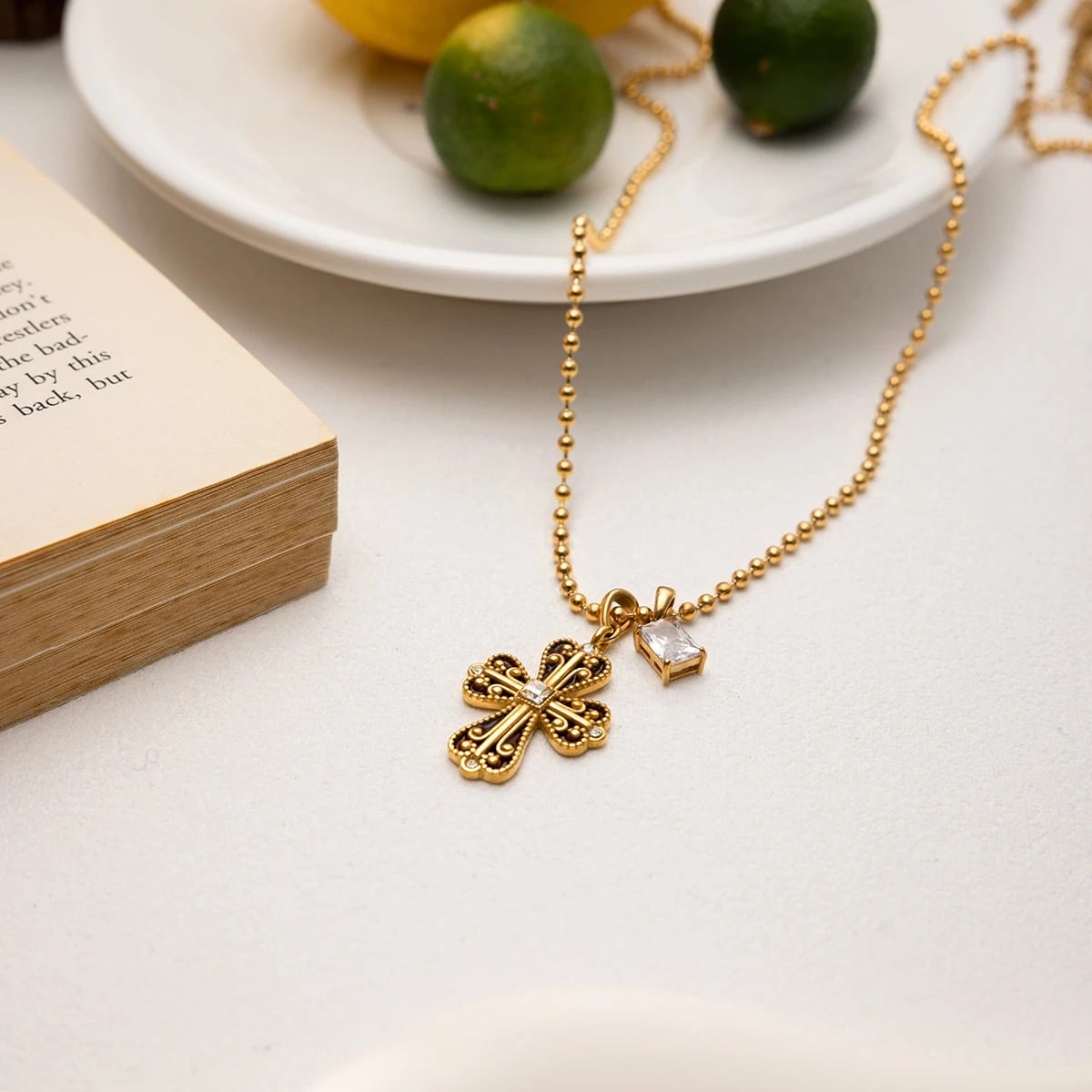 Mazie Necklace, gold, with cross pendant, made of 18K gold-plated stainless steel