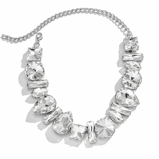 Leila Necklace, silver, with large geometric stones, choker style - Glamour Collection