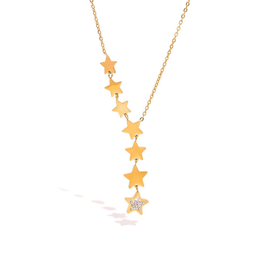 Colier Linda, auriu, lung, din otel inoxidabil placat cu aur 18k, model cu stele