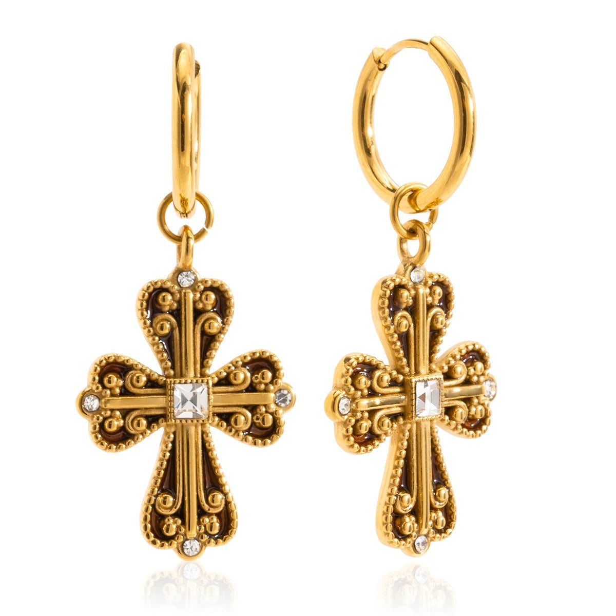 Mazie Earrings, gold, cross-shaped, made of 18K gold-plated stainless steel
