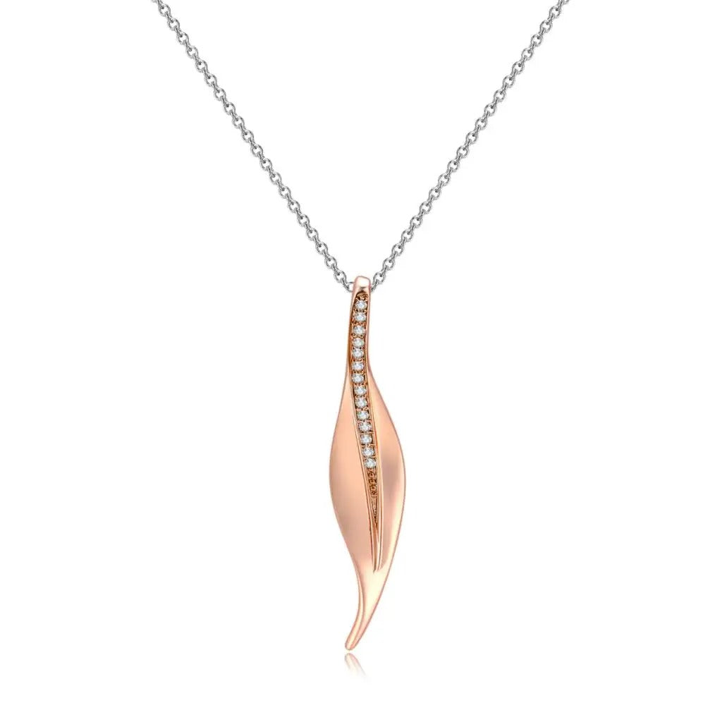 Gala Necklace, rose gold and silver mix, decorated with cubic zirconia and 18K gold plated, with a leaf-shaped pendant