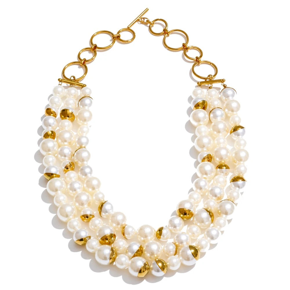 Myia Statement Necklace, Gold, with Pearls, 18K Gold Plated Stainless Steel - Universe of Pearls Collection