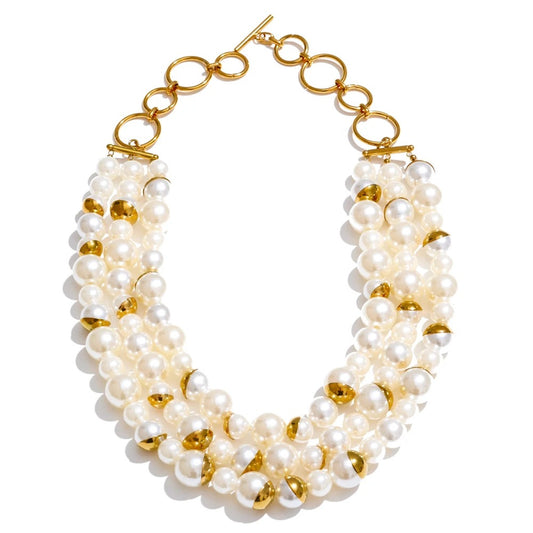 Myia Statement Necklace, Gold, with Pearls, 18K Gold Plated Stainless Steel - Universe of Pearls Collection