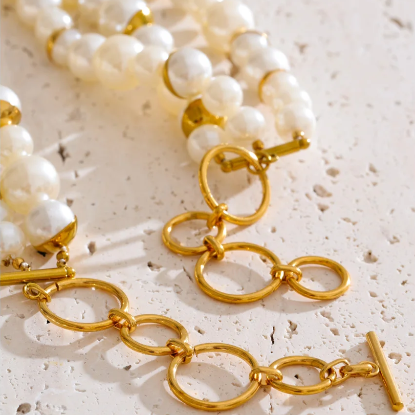 Myia Statement Necklace, Gold, with Pearls, 18K Gold Plated Stainless Steel - Universe of Pearls Collection