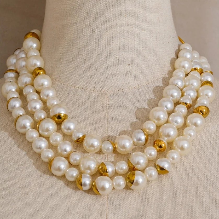 Myia Statement Necklace, Gold, with Pearls, 18K Gold Plated Stainless Steel - Universe of Pearls Collection