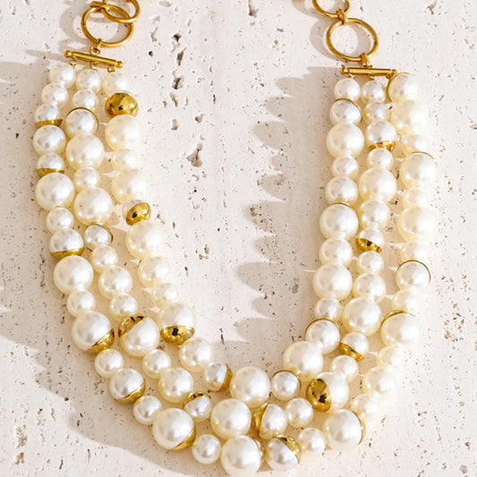 Myia Statement Necklace, Gold, with Pearls, 18K Gold Plated Stainless Steel - Universe of Pearls Collection
