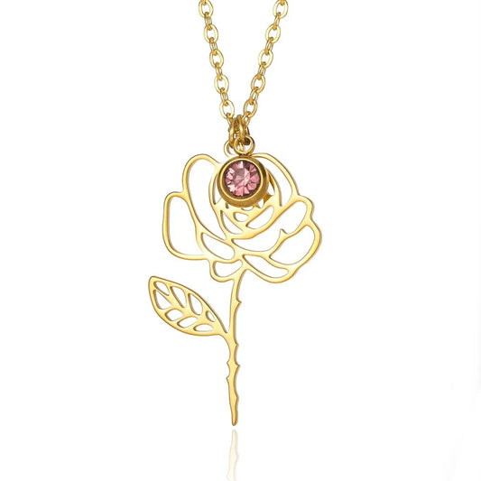 Colier Tricia C1, auriu, cu zirconiu, din otel inoxidabil, cu pandantiv in forma de trandafir - Colectia Floral Paradise