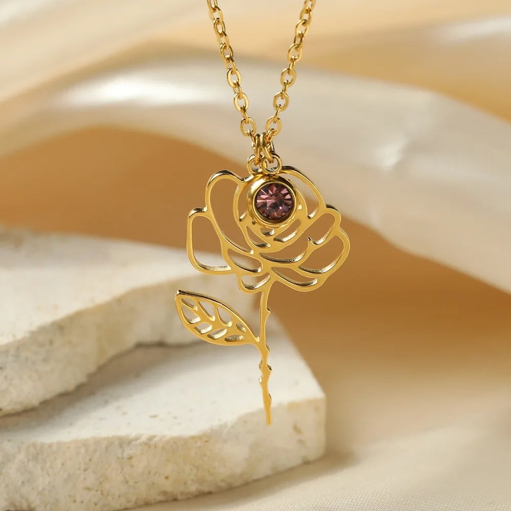 Tricia C1 Gold Stainless Steel Necklace with Zirconia and Rose Pendant - Floral Paradise Collection
