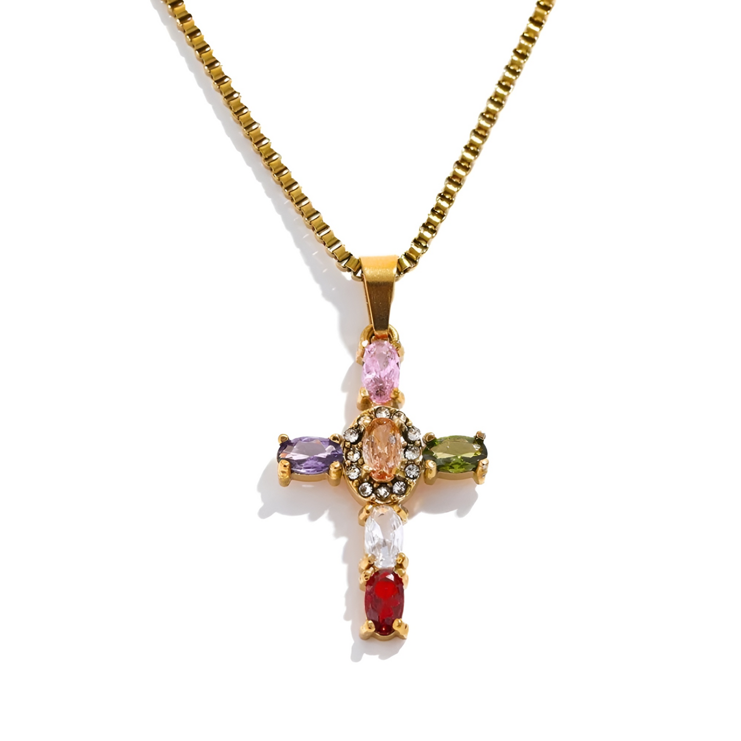Colier Trinity, auriu, cu pietre multicolore si pandantiv in forma de cruce, din otel inoxidabil placat cu aur 18K