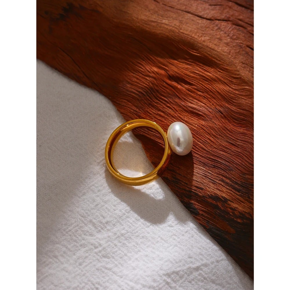 Women's Ring, gold, classic, with pearl, made of 18K gold-plated stainless steel - Universe of Pearls Collection