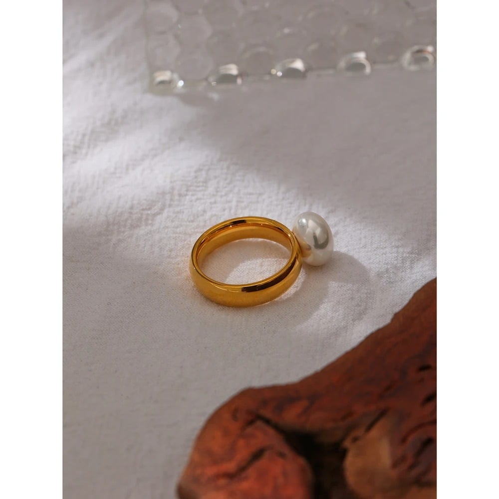 Women's Ring, gold, classic, with pearl, made of 18K gold-plated stainless steel - Universe of Pearls Collection