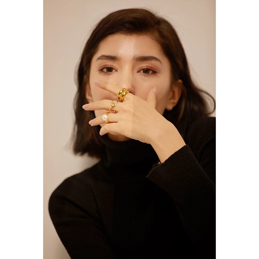 Women's Ring, gold, classic, with pearl, made of 18K gold-plated stainless steel - Universe of Pearls Collection