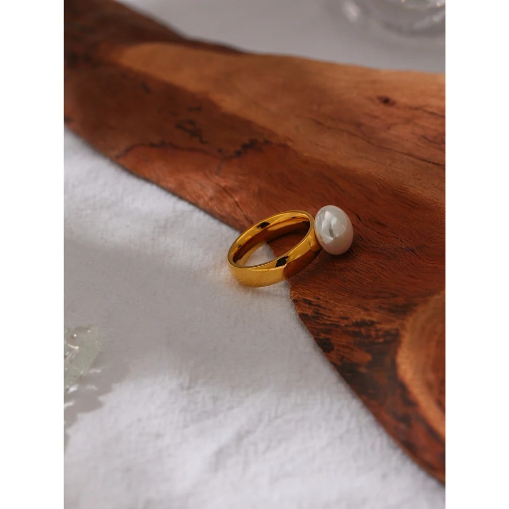 Women's Ring, gold, classic, with pearl, made of 18K gold-plated stainless steel - Universe of Pearls Collection