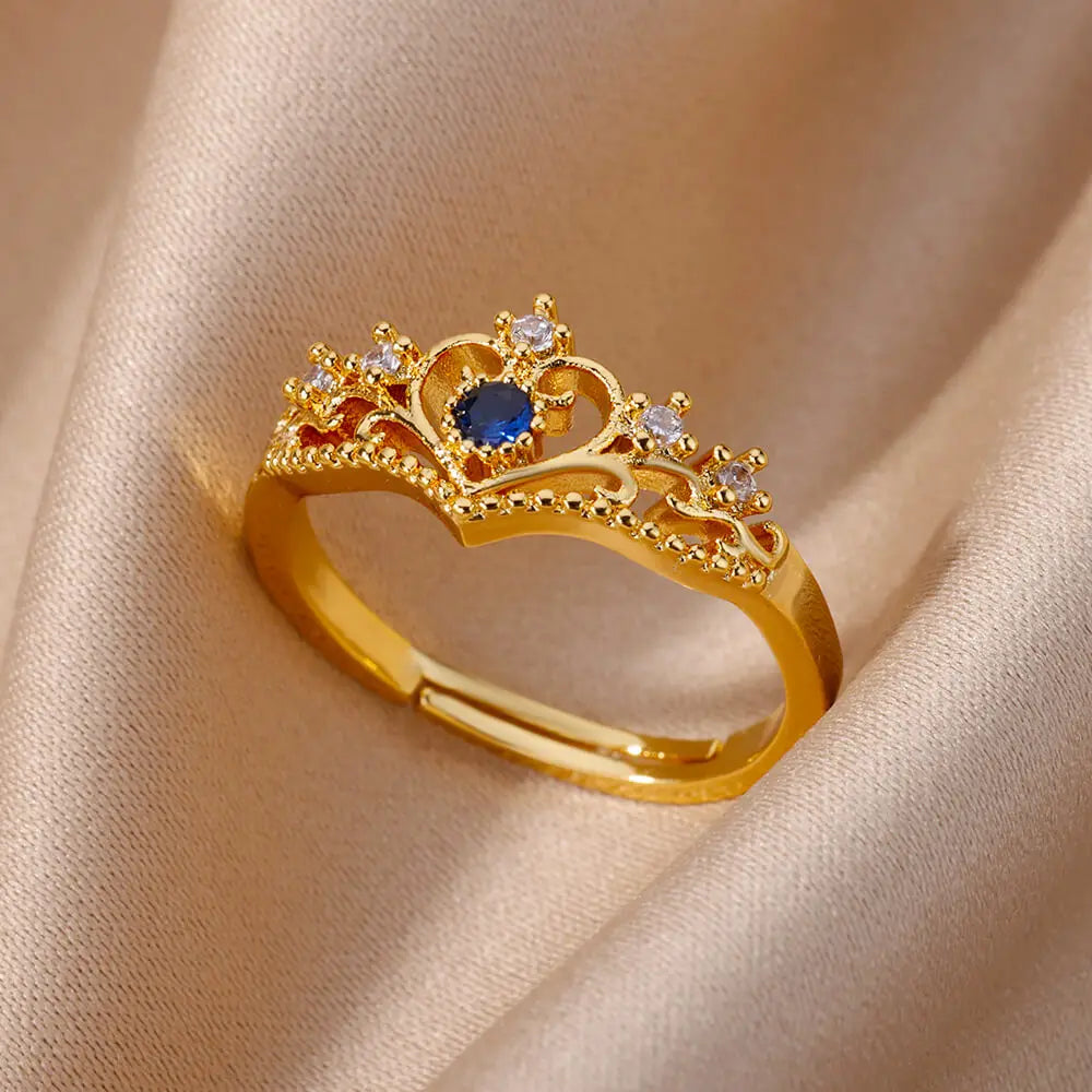 Inel Crown, auriu, in forma de coroana, din otel inoxidabil, reglabil