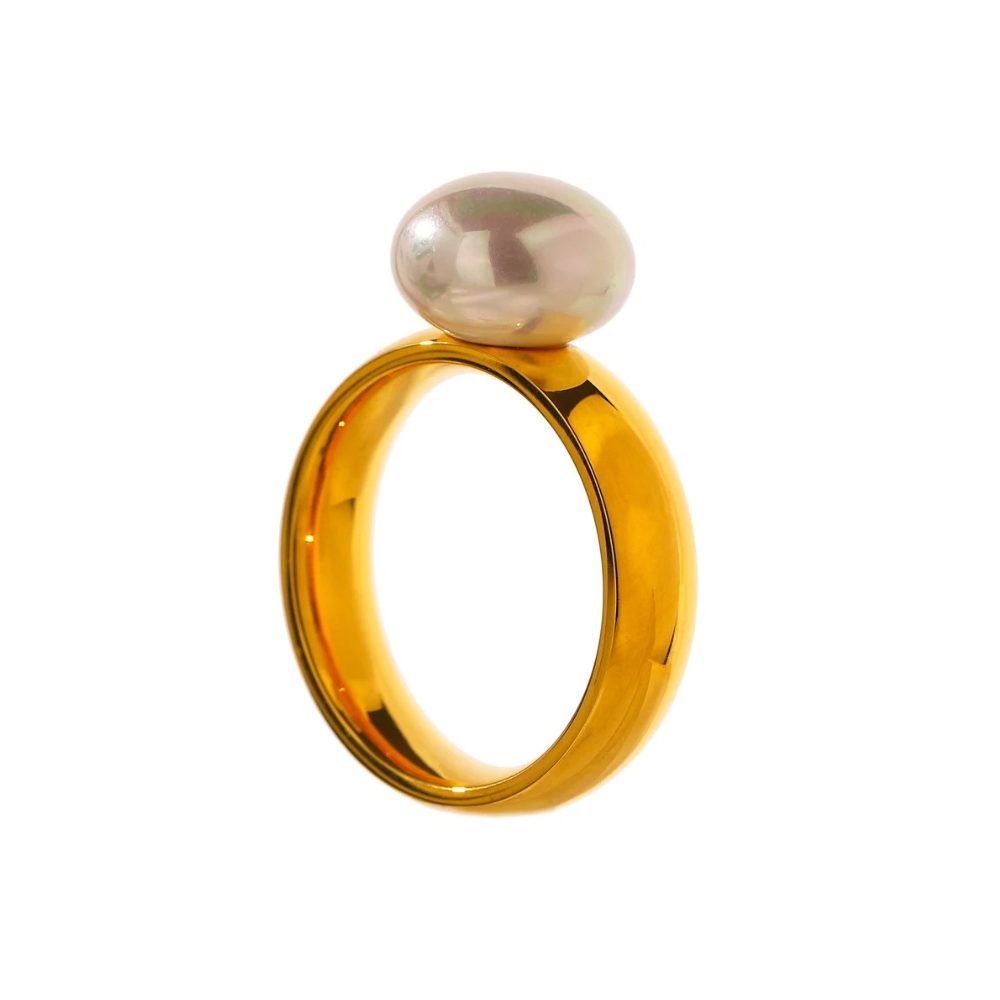 Women's Ring, gold, classic, with pearl, made of 18K gold-plated stainless steel - Universe of Pearls Collection
