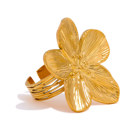 Janna Ring, gold, flower-shaped, 18K gold-plated, stainless steel, adjustable - Floral Paradise Collection