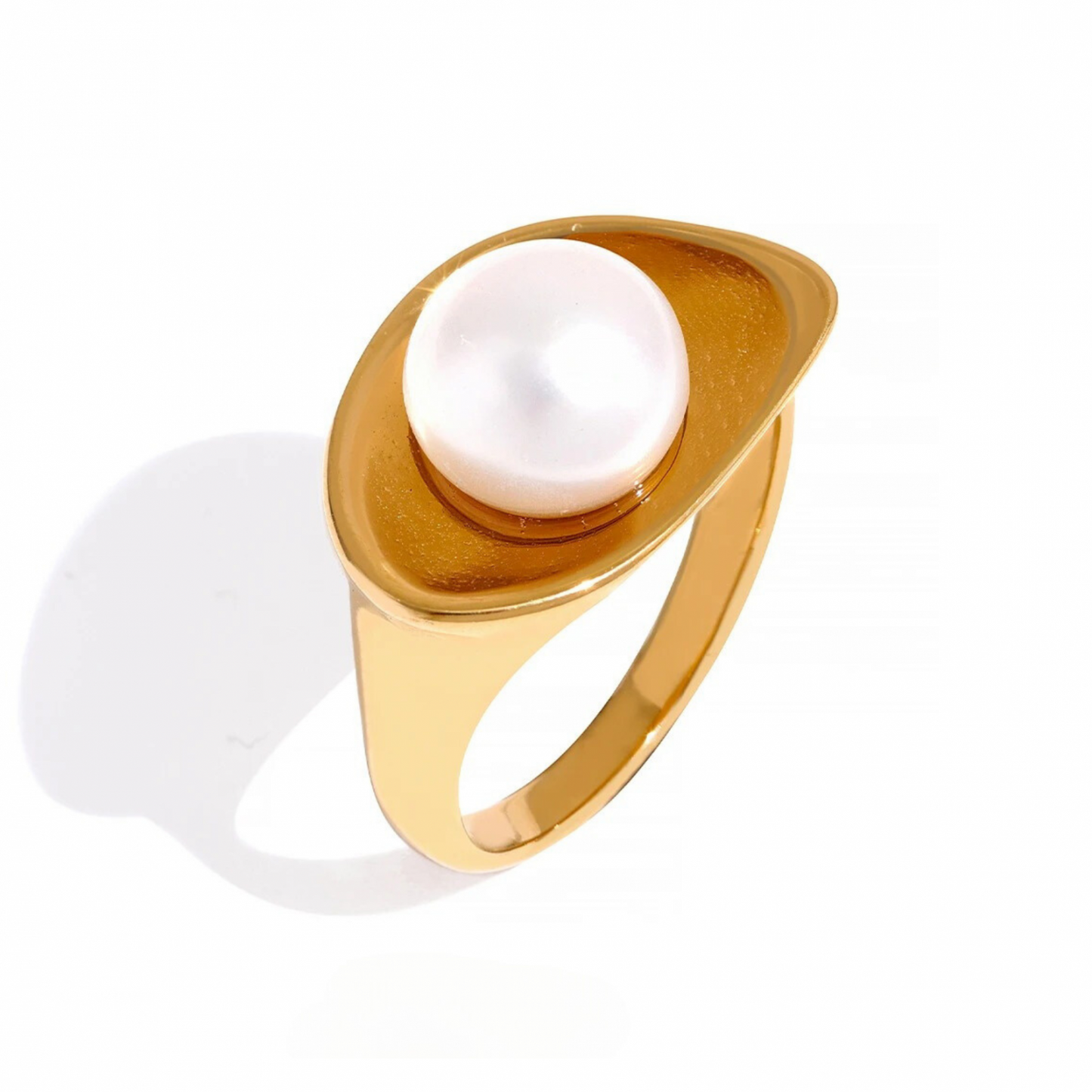 Inel Selene, auriu, din otel inoxidabil placat cu aur 18K si perla de cultura - Colectia Universe of Pearls