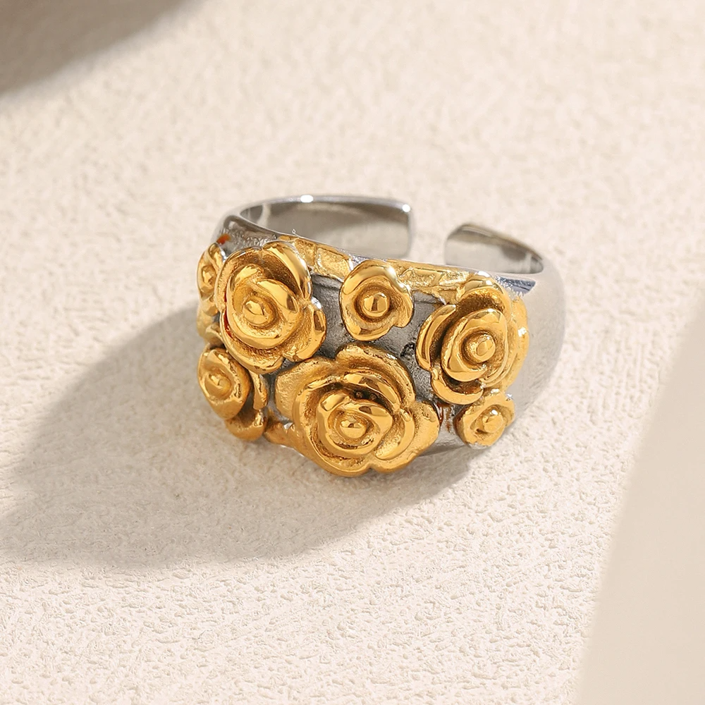 Inel Rosalin, mix auriu cu argintiu, cu model floral, din otel inoxidabil placat cu aur 18K, reglabil