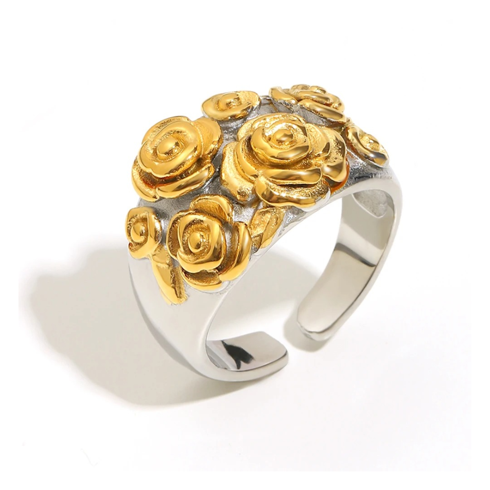 Inel Rosalin, mix auriu cu argintiu, cu model floral, din otel inoxidabil placat cu aur 18K, reglabil