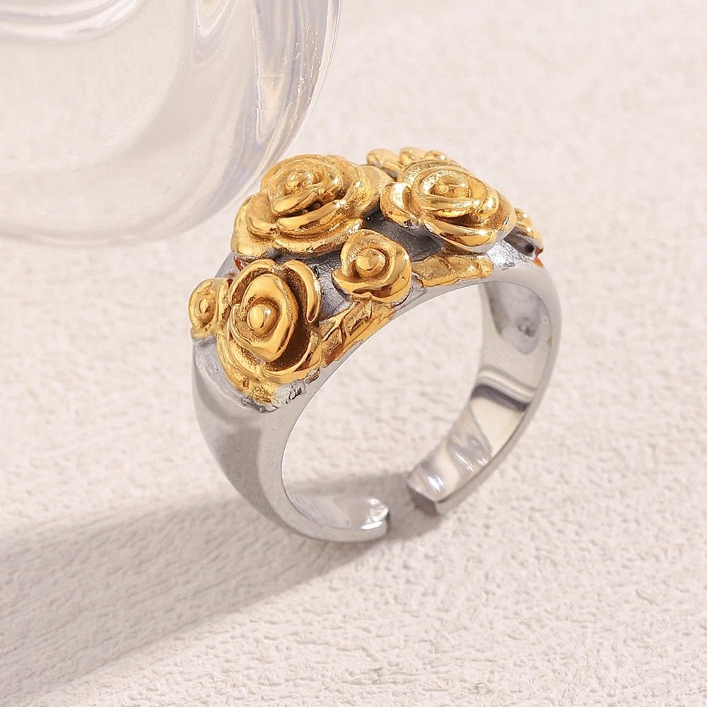 Inel Rosalin, mix auriu cu argintiu, cu model floral, din otel inoxidabil placat cu aur 18K, reglabil