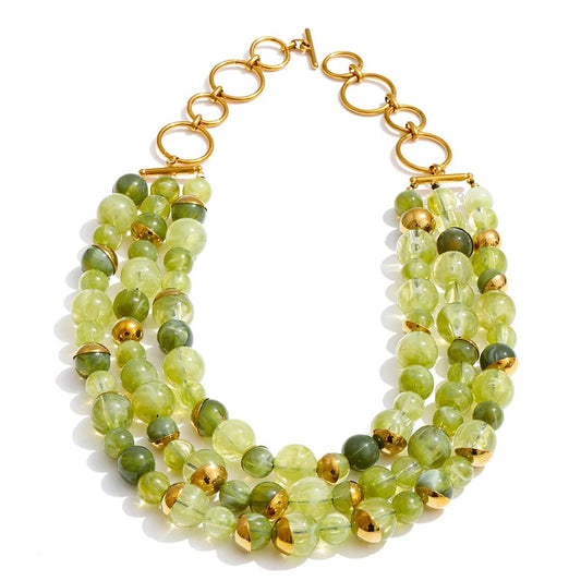 Colier Myia, auriu, cu margele verzi, din otel inoxidabil placat cu aur 18K