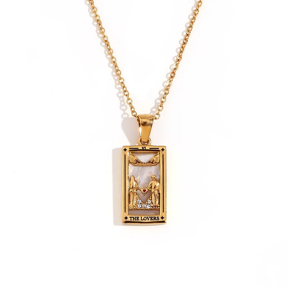 Colier Enya, auriu, cu pandantiv motive tarot, din otel inoxidabil placat cu aur 18K