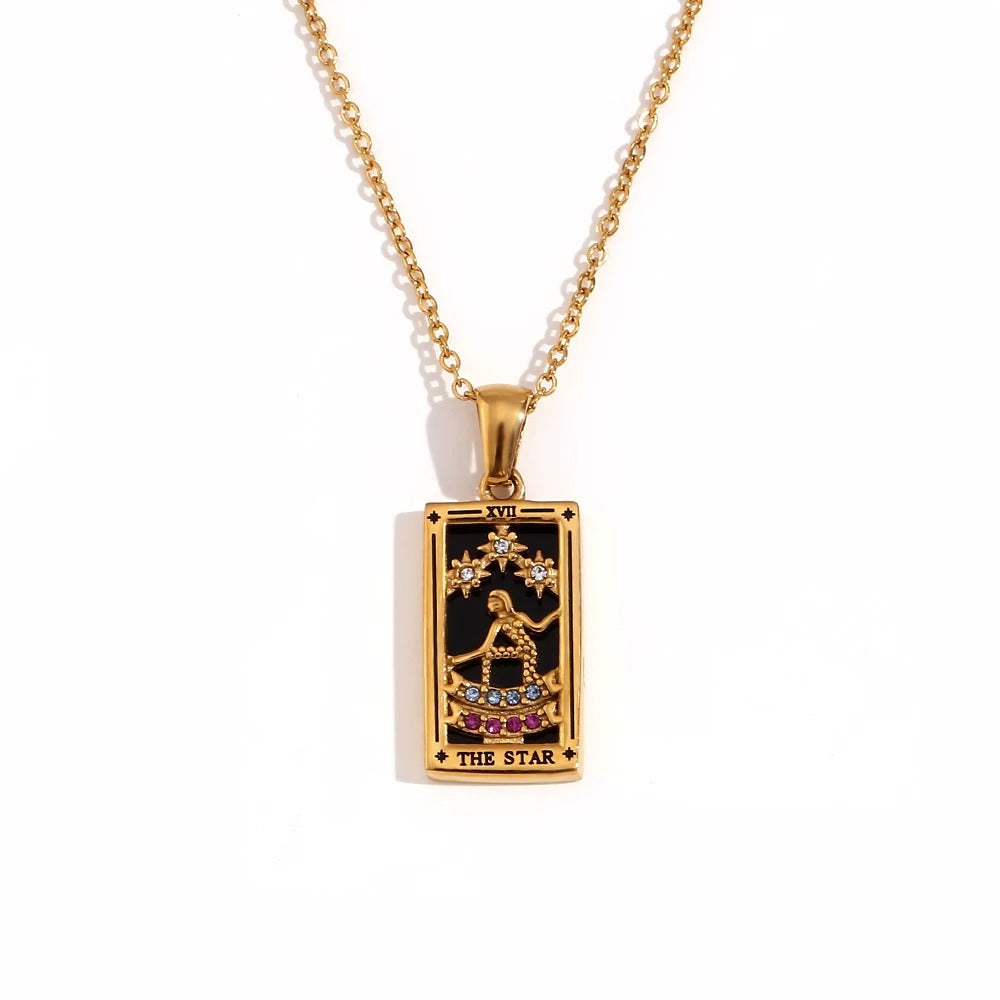 Colier Enya, auriu, cu pandantiv motive tarot, din otel inoxidabil placat cu aur 18K