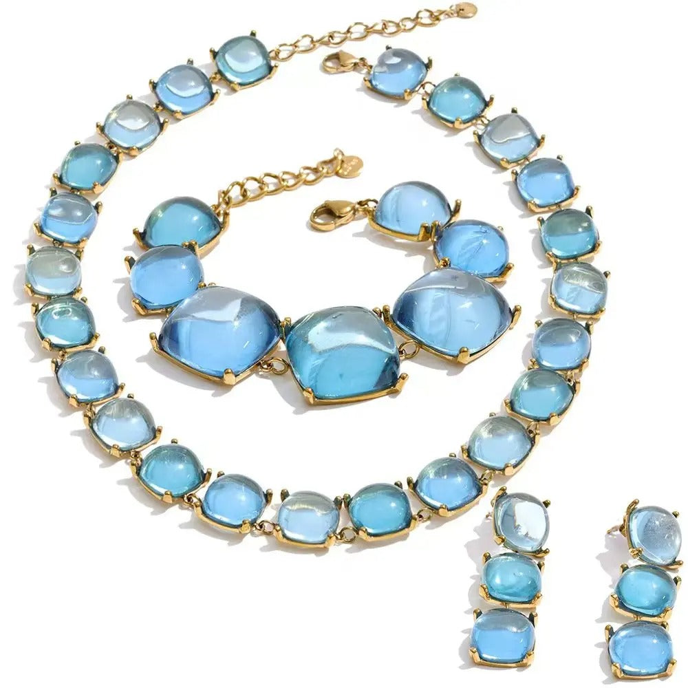 Set Aurelia, auriu, cu pietre mari patrate, din otel inoxidabil placat cu aur 18K