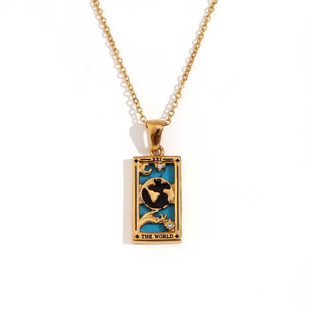 Colier Enya, auriu, cu pandantiv motive tarot, din otel inoxidabil placat cu aur 18K