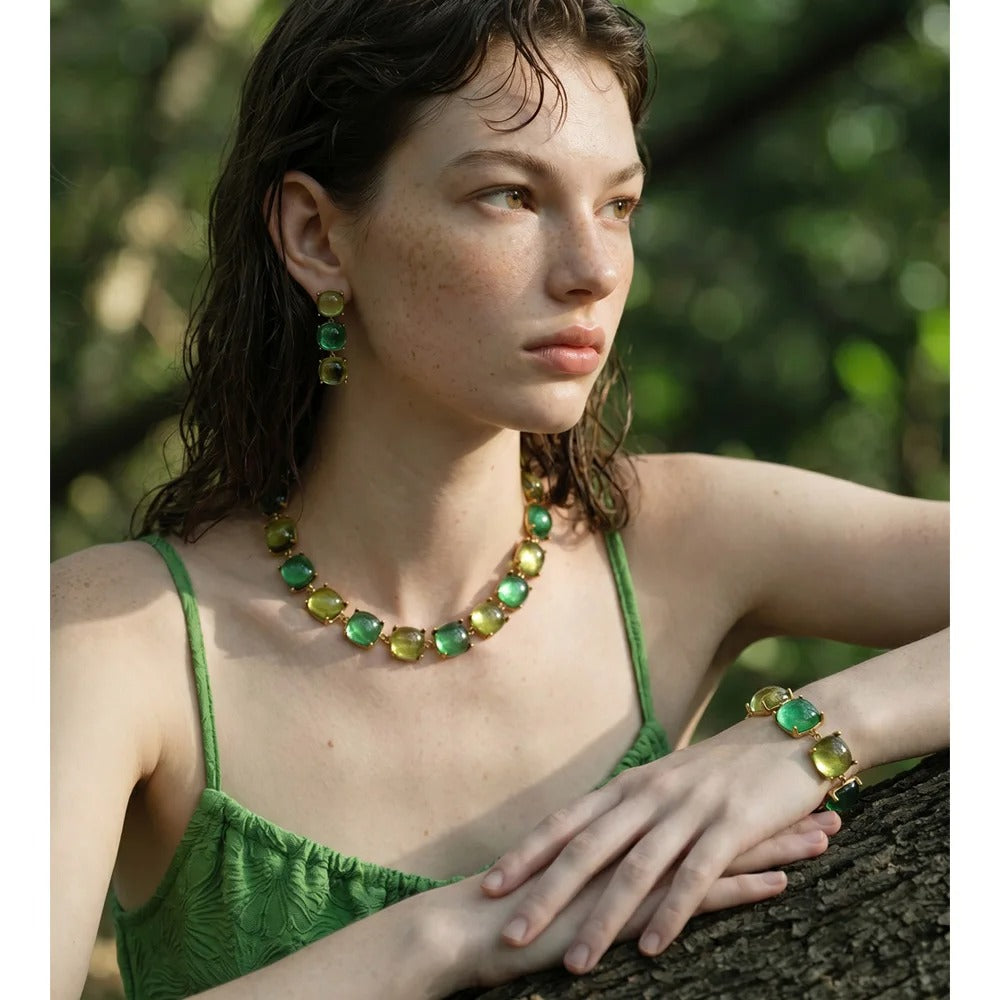 Set Aurelia, auriu, cu pietre mari patrate, din otel inoxidabil placat cu aur 18K