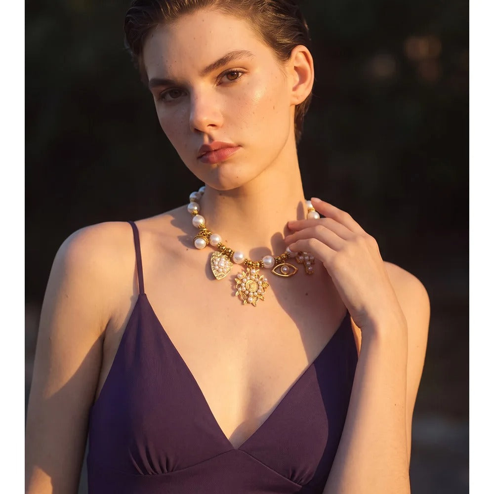 Colier statement Marigold, auriu, cu perle si 5 charm-uri, din otel inoxidabil placat cu aur 18K - Colectia Universe of Pearls