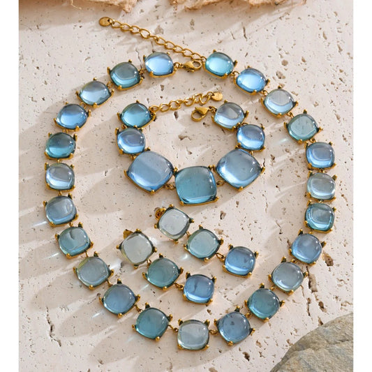 Set Aurelia, auriu, cu pietre mari patrate, din otel inoxidabil placat cu aur 18K